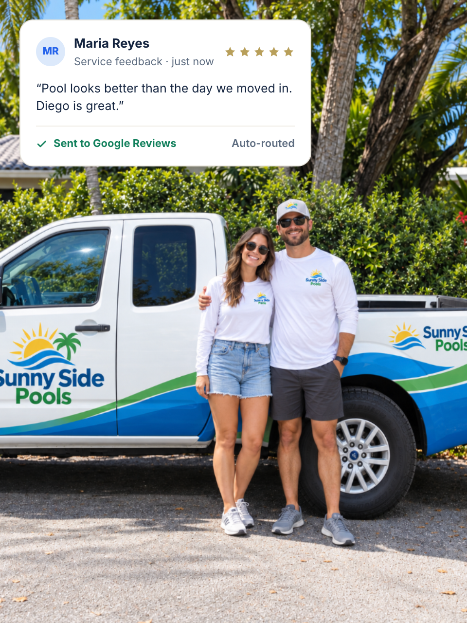 Sunny Side Pools team with a five-star Google review auto-routed from Splash