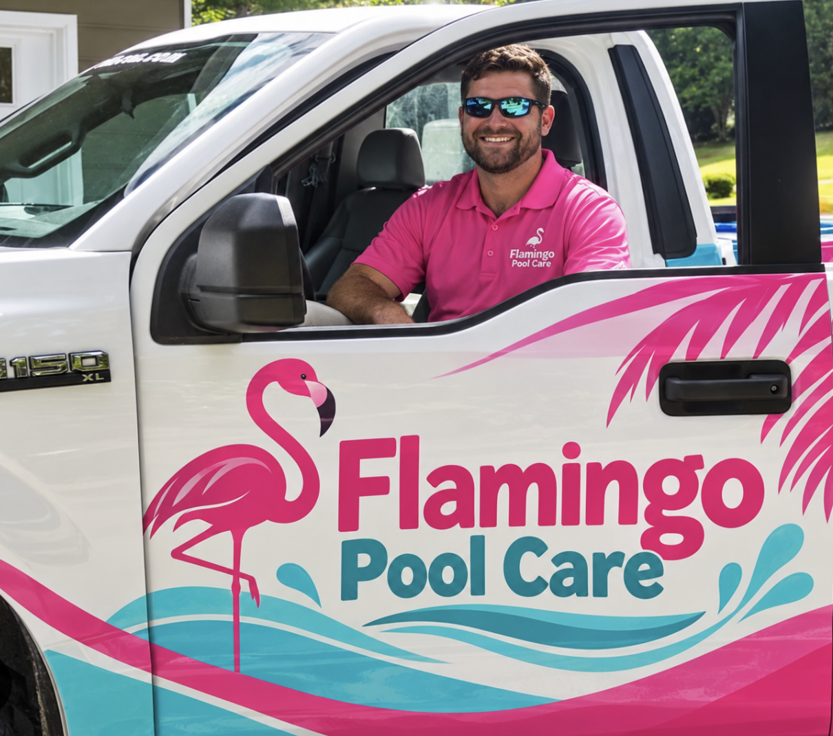 Flamingo Pool Care truck with technician